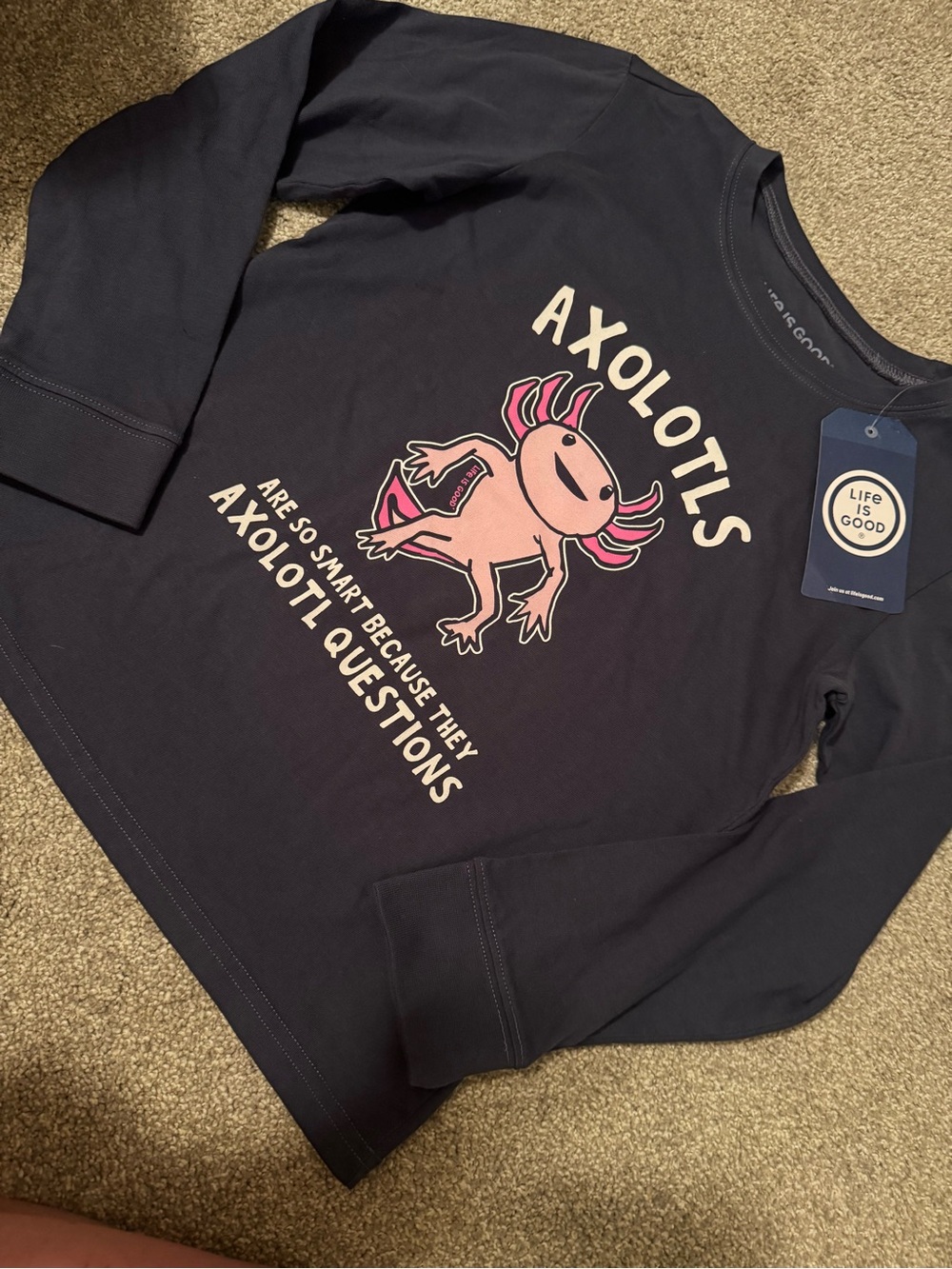 Life Is Good Navy Long-Sleeve Tee with Pink Axolotl Graphic